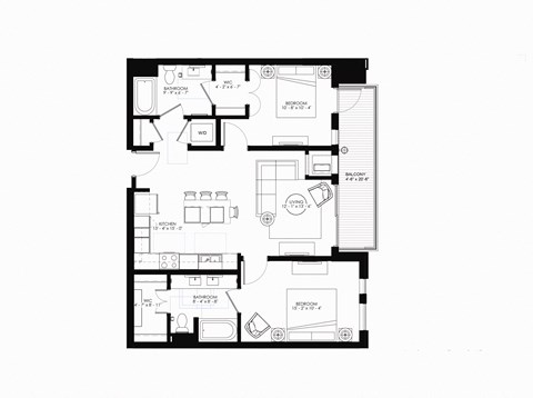 Floor plan for 2 beds, 2 baths, 1011 sqft